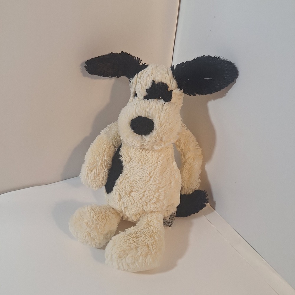 Jellycat Bashful Black and Cream Puppy Dog Medium 12" Spot Patch Plush Stuffed‎